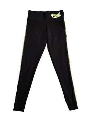 PINK Victoria's Secret Yoga Leggings XS Black Neon Green Gym Running Pants Logo